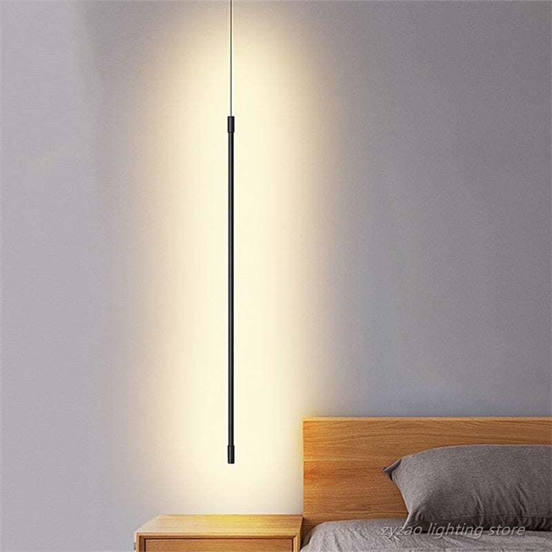 Minimalist black line-strip pendant light for bedside by N-Lighten