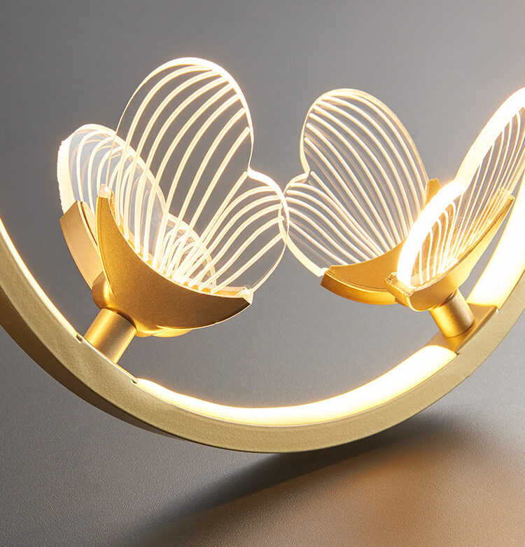 Butterfly acrylic LED gold pendant lamp closeup N-Lighten