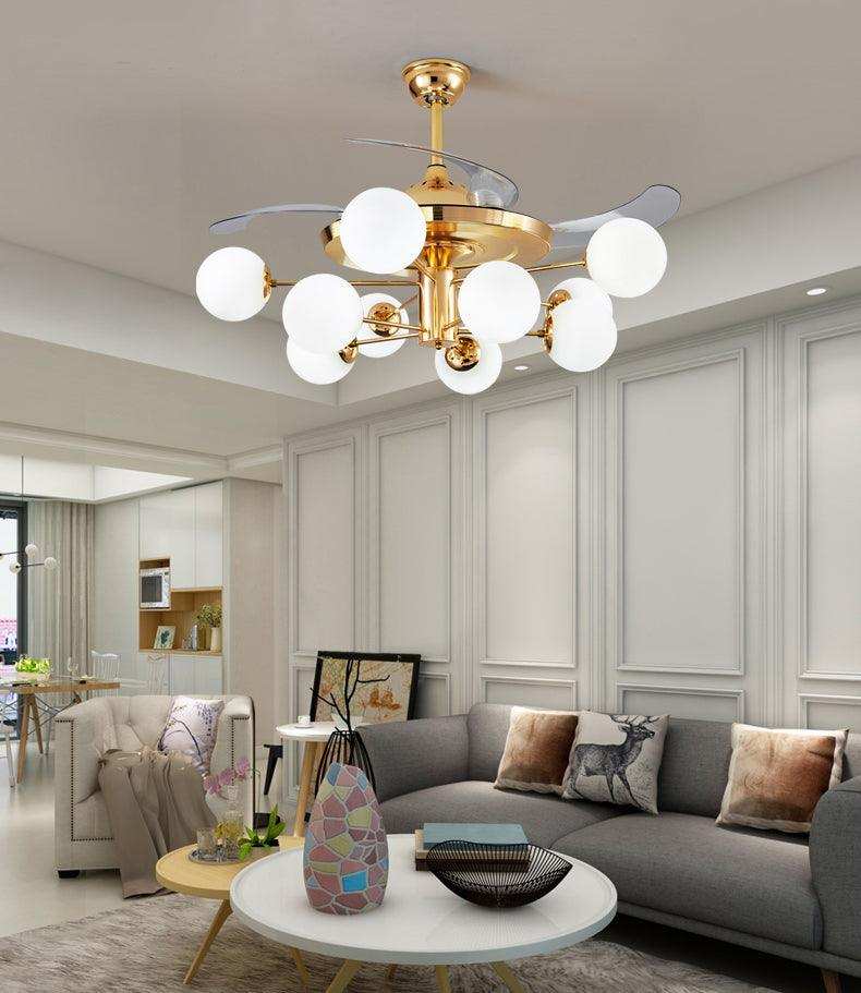 Gold fan chandelier with frosted glass shades N-Lighten