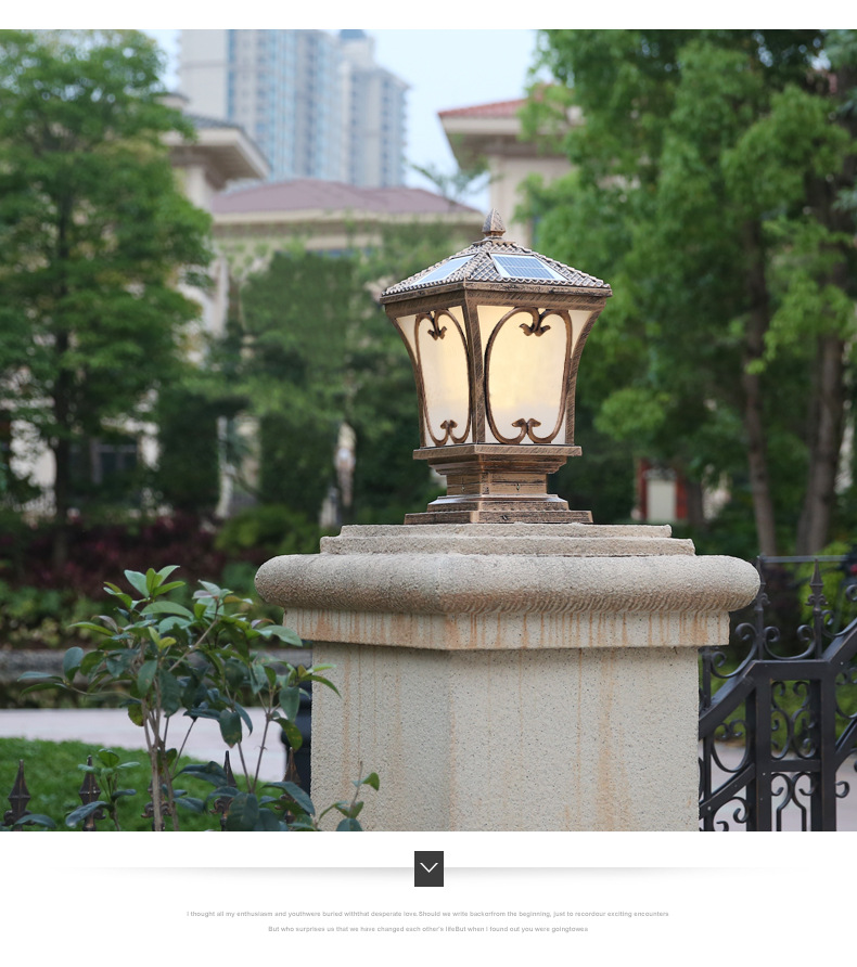 Post modern antIque gold/black matt die-casting aluminum Waterproof solar LED Gate lamp for courtyard community garden villa
