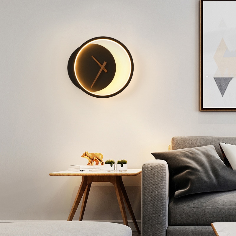 Modern minimalist Black LED Clock Wall lamp for living room, bedroom, background wall