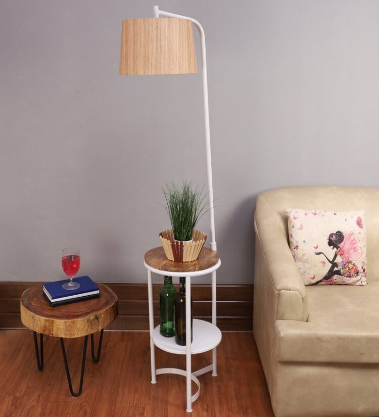 Areum Brown Fabric Shade Floor Lamp with White Base