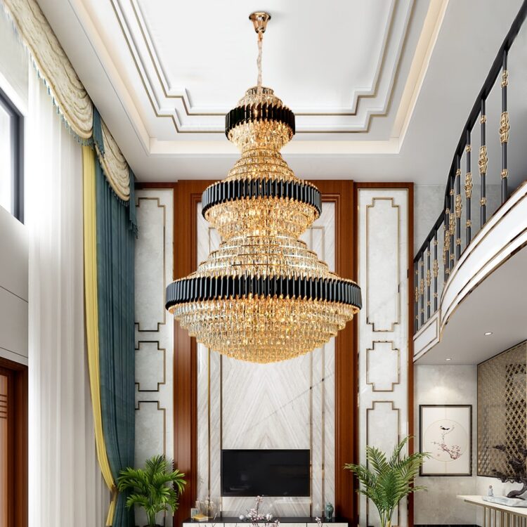 Top luxury Crystal Staircase Chandelier Lighting Villa Lobby Hotel Large Decoration Hanging Lamps Black Stainless Steel Light 4