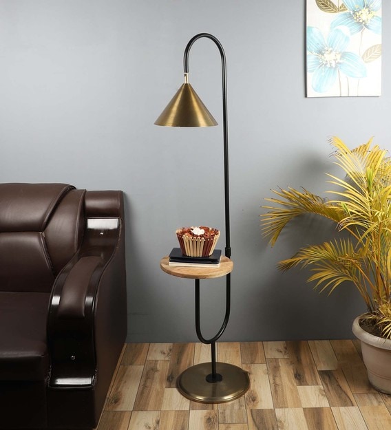 Brass Iron Shade Floor Lamp with Brass & Black Base
