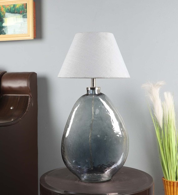 Grey Iron & Cloth Shade Table Lamp with Brown Base