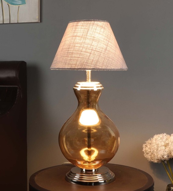 Grey Iron & Cloth Shade Table Lamp with Gold Base