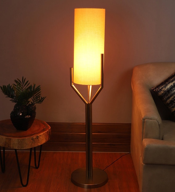 Kwan Beige Fabric Shade Floor Lamp with Brass Base