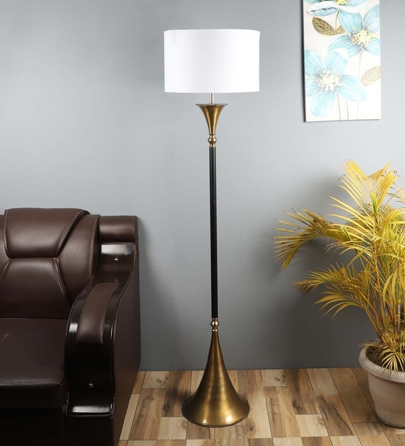 White Iron & Cloth Shade Floor Lamp with Brass & Black Base