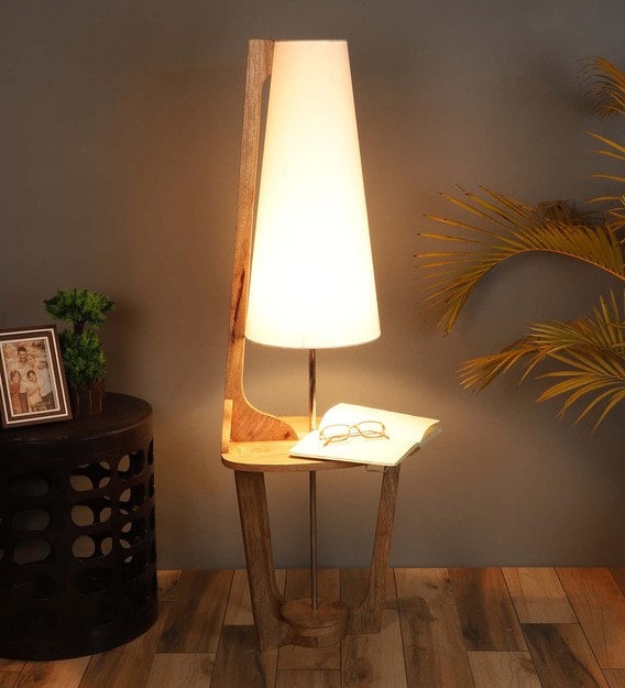 White Iron & Cloth Shade Floor Lamp with Natural Base
