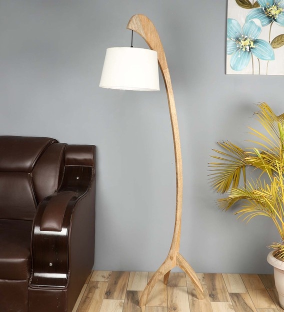 White Iron & Cloth Shade Floor Lamp with Natural Base
