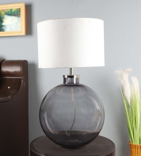 White Iron & Cloth Shade Table Lamp with Brown Base