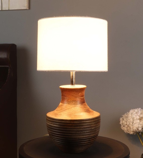 White Iron & Cloth Shade Table Lamp with Natural Base