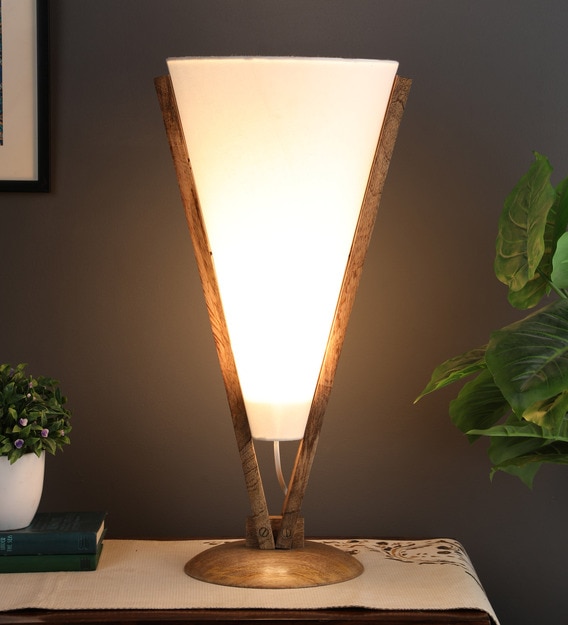 White Shade Table Lamp with Wood Base