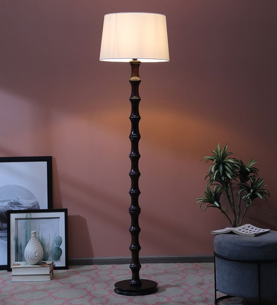 White Shade Floor Lamp with Wood Base -By