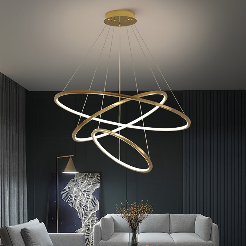 Modern Gold Ring Chandelier Lighting LED Circular Pendant Lamps with Dimmer switch and Remote Control