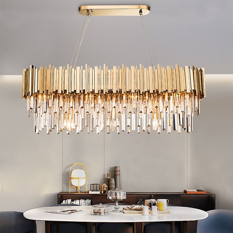 Luxury Plated Gold Metal Led Pendant Lights E14  K9 Crystal Luminarias Dining Room Straight Pendant Lamp Lighting Fixtures