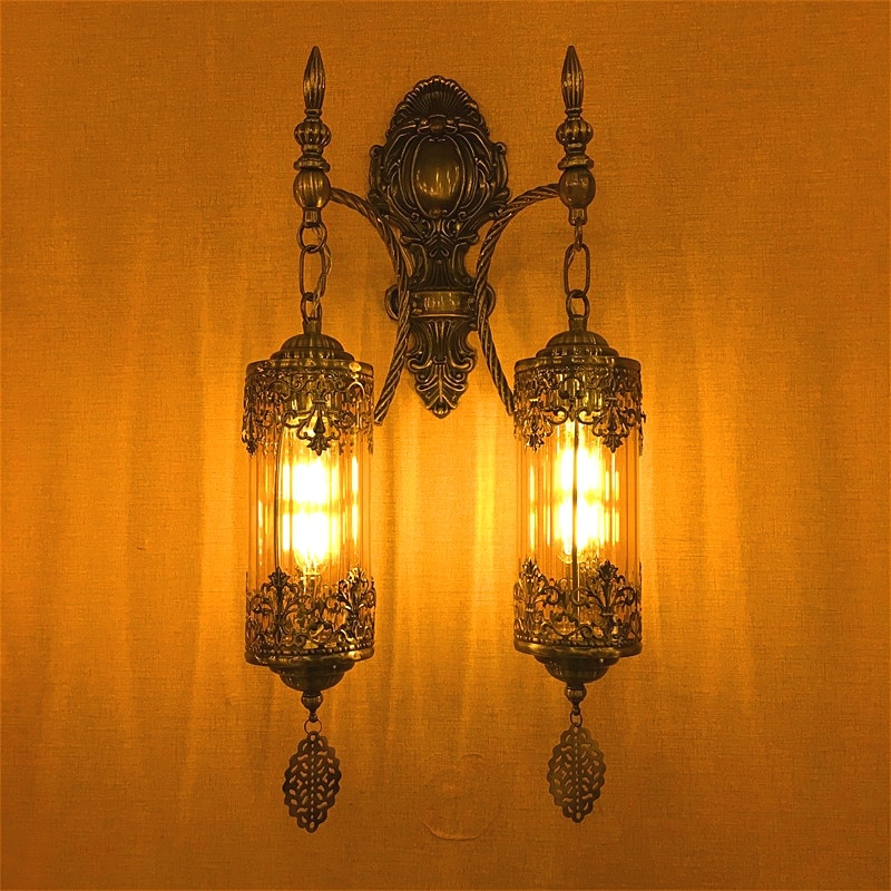Mediterranean Style Art Deco Double Heads Wall Lamp Lights Handcrafted Through-Carved Glass Wall Lamps Lamp