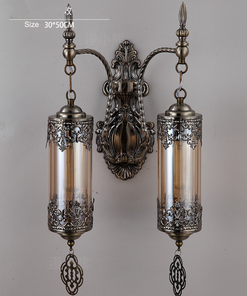 Mediterranean Style Art Deco Double Heads Wall Lamp Lights Handcrafted Through-Carved Glass Wall Lamps Kerosene Lamp 11