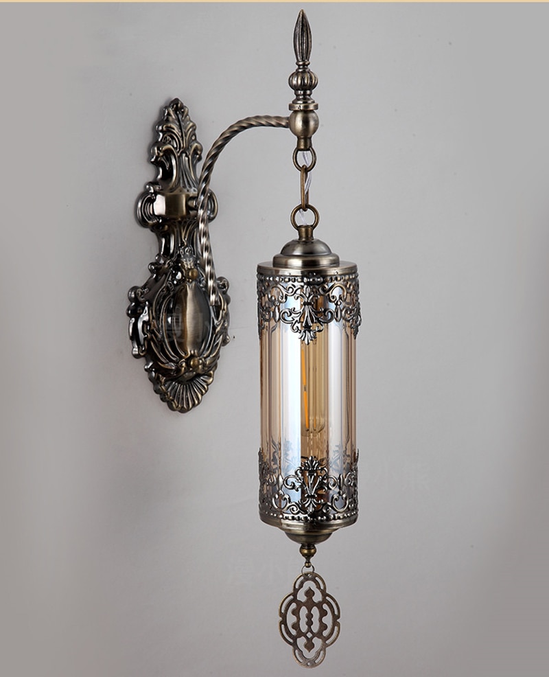Mediterranean Style Art Deco Double Heads Wall Lamp Lights Handcrafted Through-Carved Glass Wall Lamps Kerosene Lamp 4