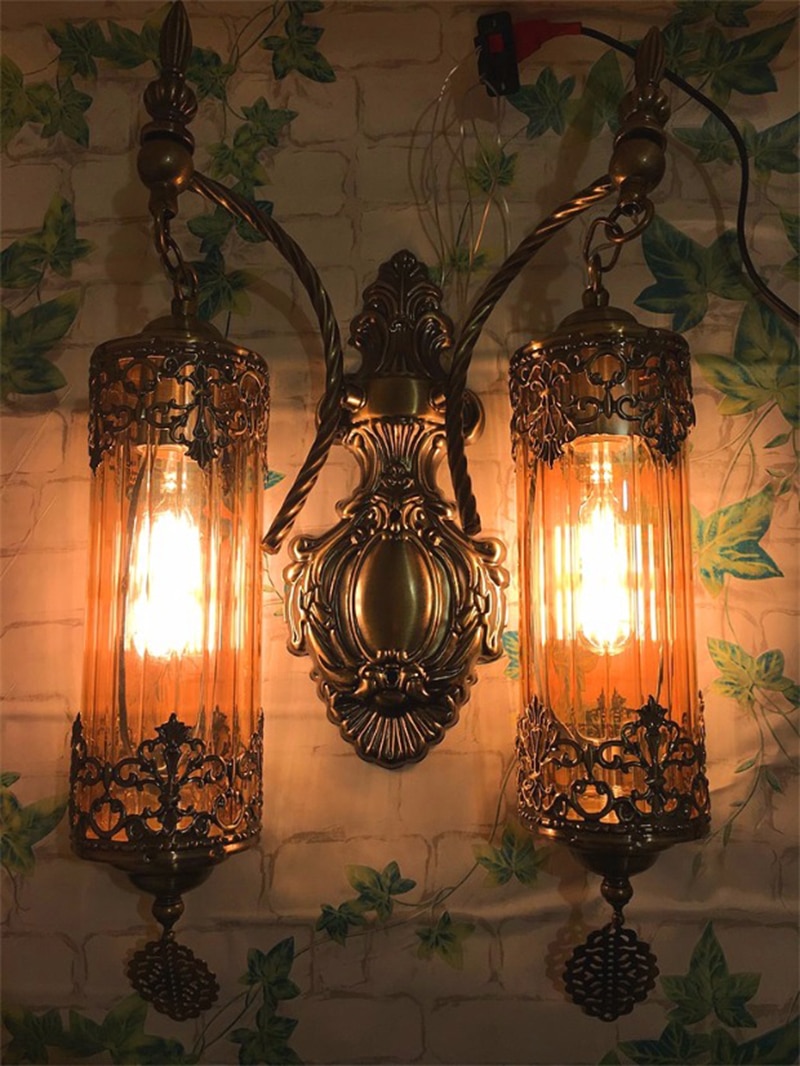 Mediterranean Style Art Deco Double Heads Wall Lamp Lights Handcrafted Through-Carved Glass Wall Lamps Kerosene Lamp 5