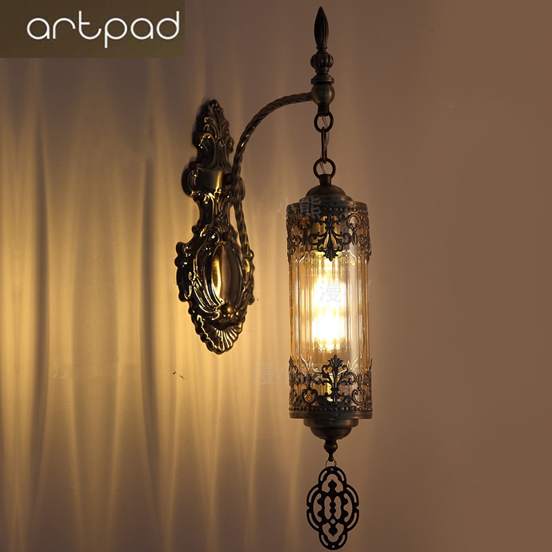 Mediterranean Style Art Deco Double Heads Wall Lamp Lights Handcrafted Through-Carved Glass Wall Lamps Kerosene Lamp 3