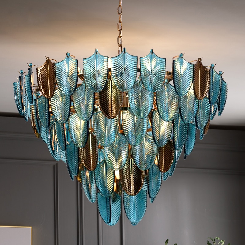 Contemporary Luxury LED Chandeliers Lighting Blue And Brown Leaf Glass Suspension Luminaire 2