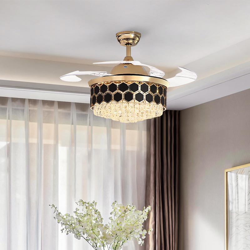 Invisible fan crystal chandelier light luxury simple modern living room ceiling fan light household bedroom lamps