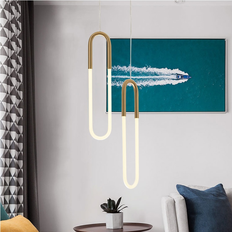 Nordic Pendant Lamp LED Simple U Shape Pendant Lights For Room Bedside With Long Wire High Ceiling Hanging Light Decor