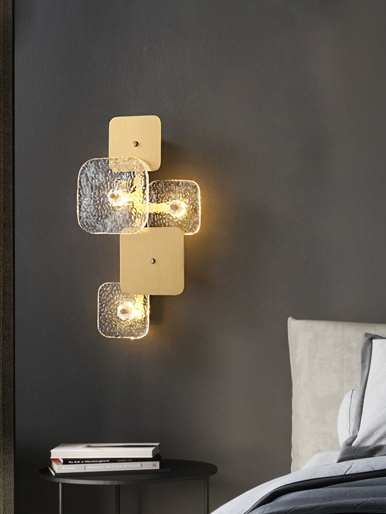 For living room bedroom Modern luxury brass finish rectangular clear crystal LED wall lamp