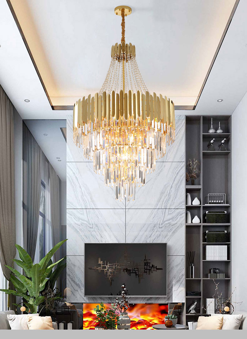 Modern Luxuary multilevel Crystal chandelier in the living room of duplex villa spiral staircase hall hotel