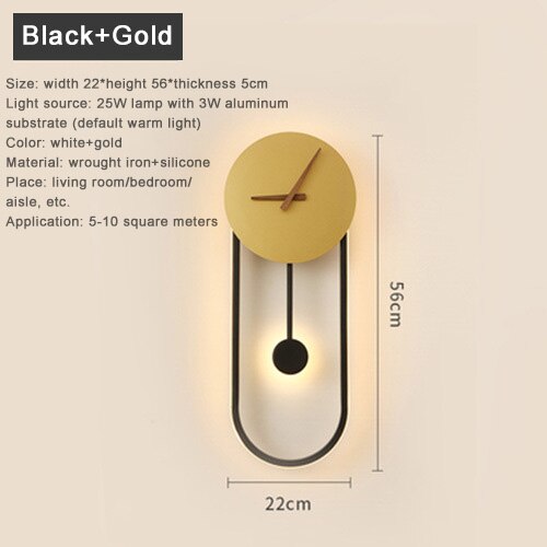 Modern brass finish black pendulam LED Wall Lamp With Clock for Hotel Bedside Living Room