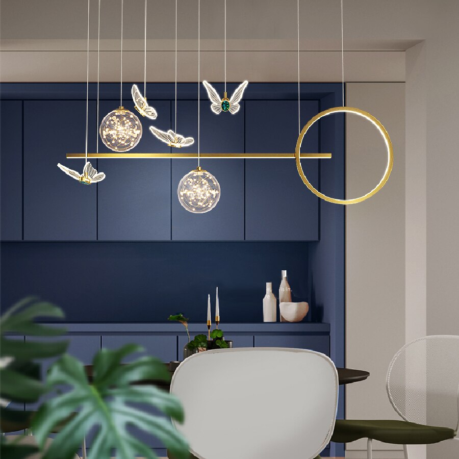 Modern Nordic Style glass acrylic butterfly golden LED chandelier for living room bedroom dining table kitchen Counter and Dining room