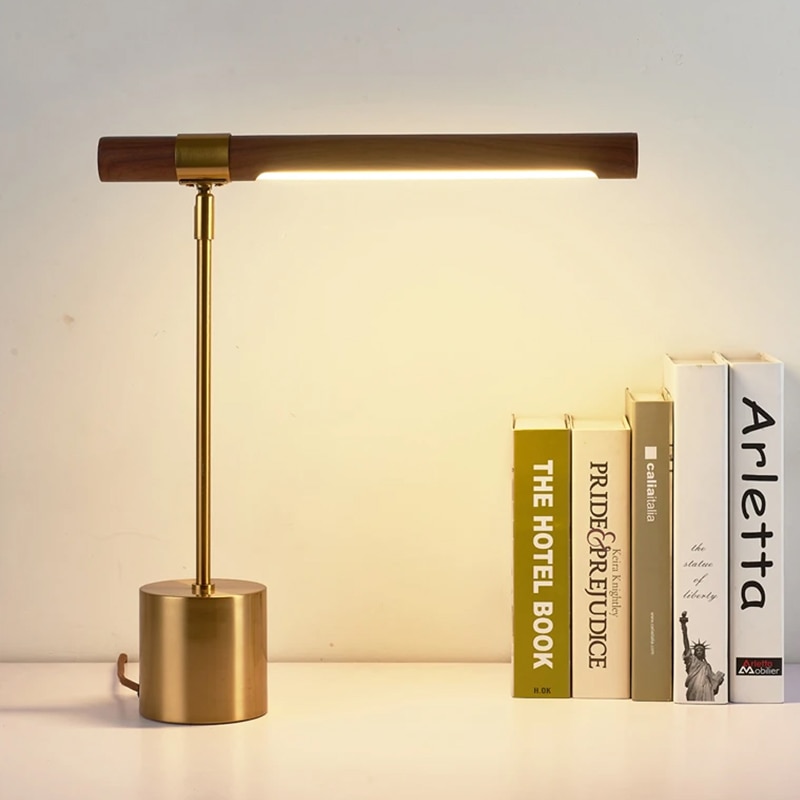Modern minimalist brass wood finish LED Study Reading Table lamp for Living Room, Bedroom ,Bedside