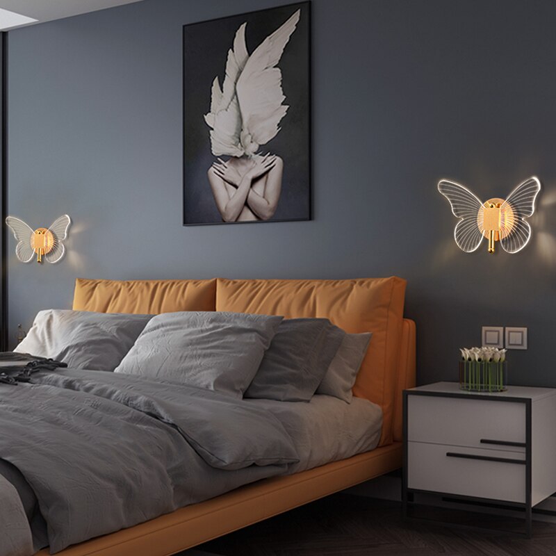 Modern LED acrylic butterfly golden wall lamp bedroom bedside living room