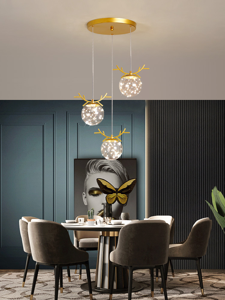 Modern minimalist golden glass three-head antler LED chandelier for living room bedroom hall sofa corner
