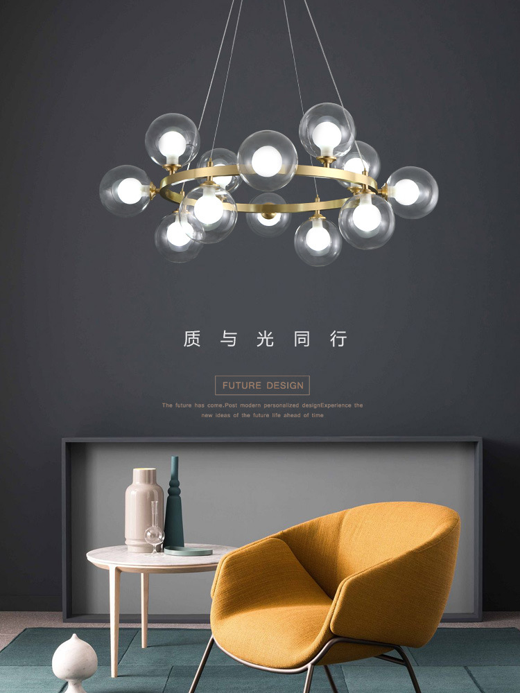 Nordic all-copper living room chandelier simple modern light luxury crystal lamp atmospheric ring bedroom lamp dining room lamp