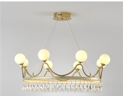 6 Chandelier Light Fixture Postmodern Crown Shaped Crystal Hanging Pendant in Gold