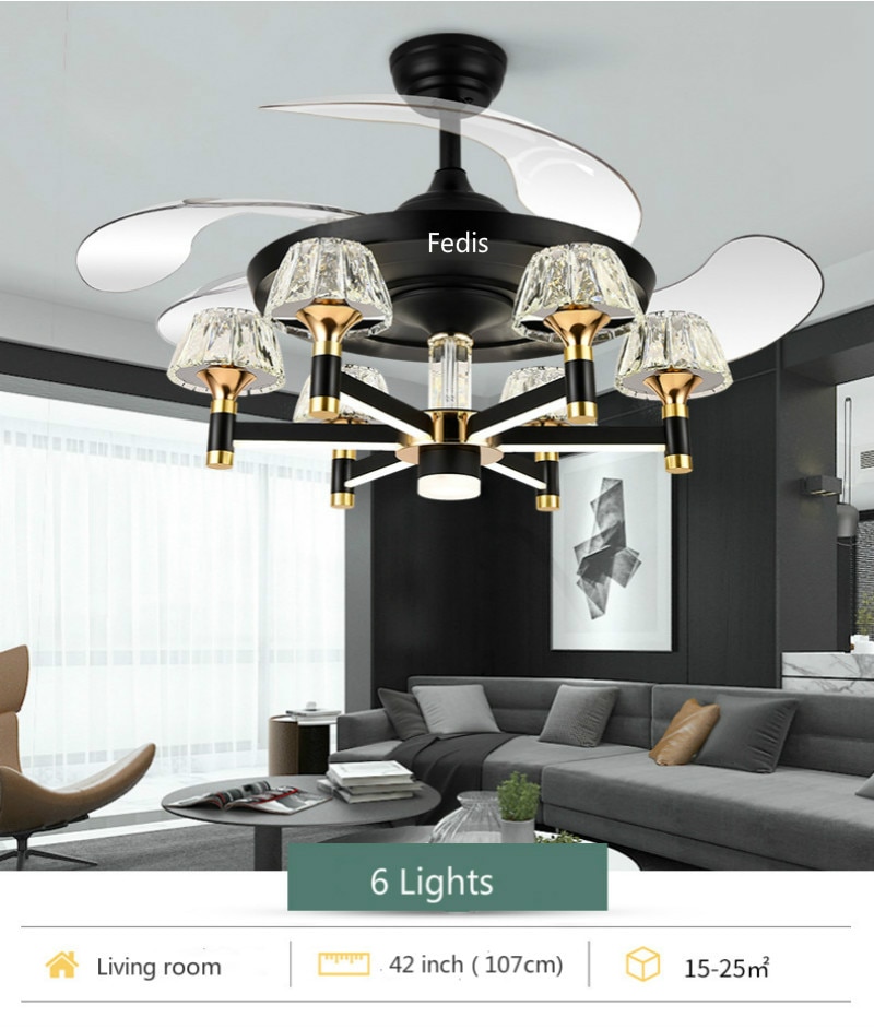 Modern style Nordic Luxury gold black Crystal Led Ceiling Fan Chandelier for Living Room, Bedroo,hallm