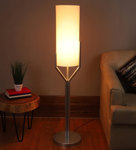 Areum White Fabric Shade Floor Lamp with Silver Base