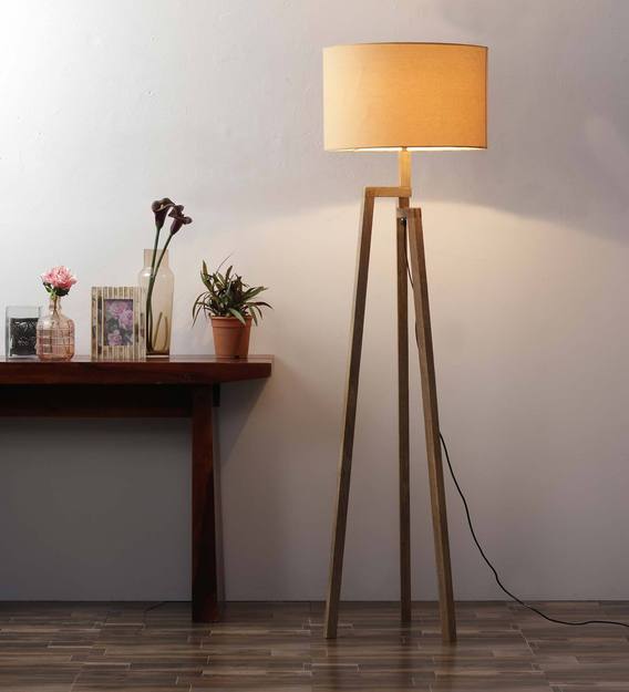 Cesky Beige Fabric Shade Tripod Floor Lamp with Brown Base