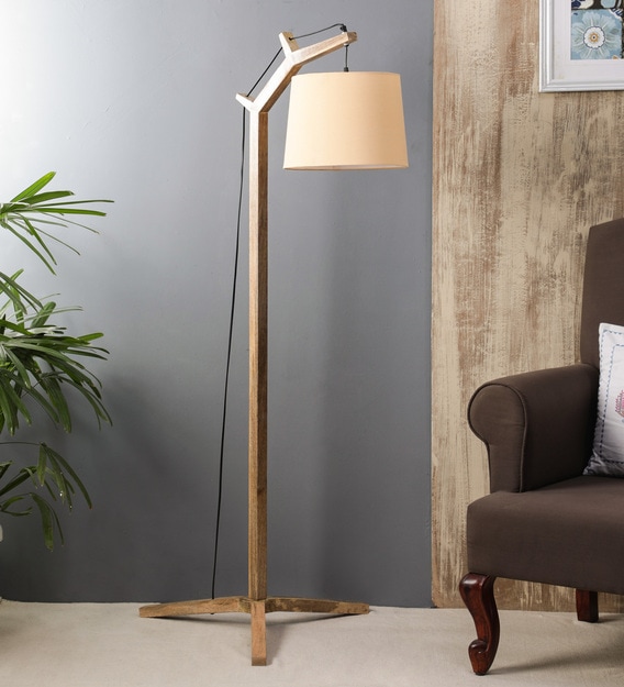 Alpine White Fabric Shade Floor Lamp with Brown Base