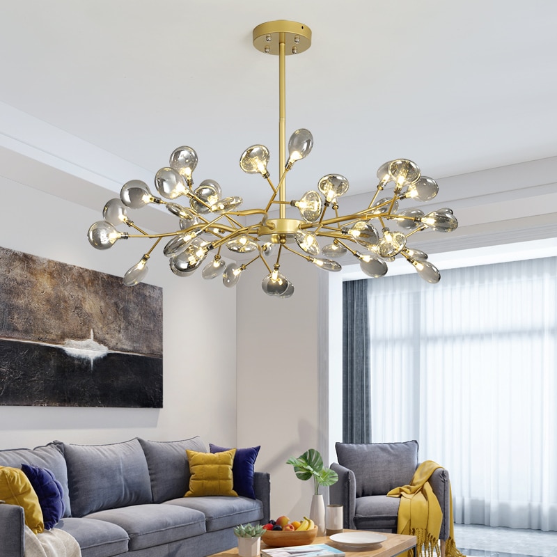 Modern Gold finish smokey Glass firefly 45-Light Chandelier For Living Room and Bedroom